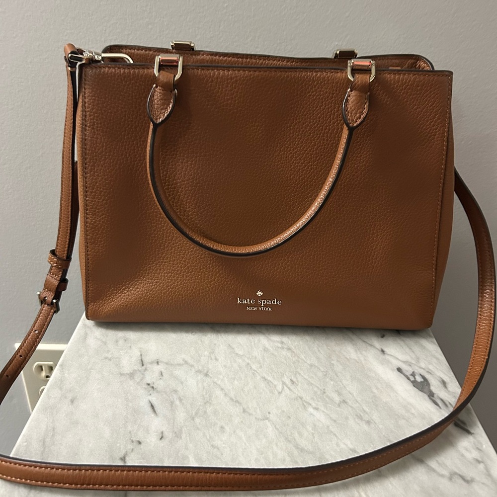 Kate Spade satchel bag with crossbody long strap, Warm Gingerbread leather